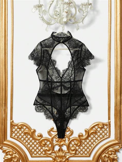 Pinupglam Stand Collar Bodysuit With Lace Eyelash And Floral Details Mature Charm Revealing