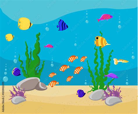 Ocean Cartoon underwater world with fish, plants, island Aquarium Fish ...