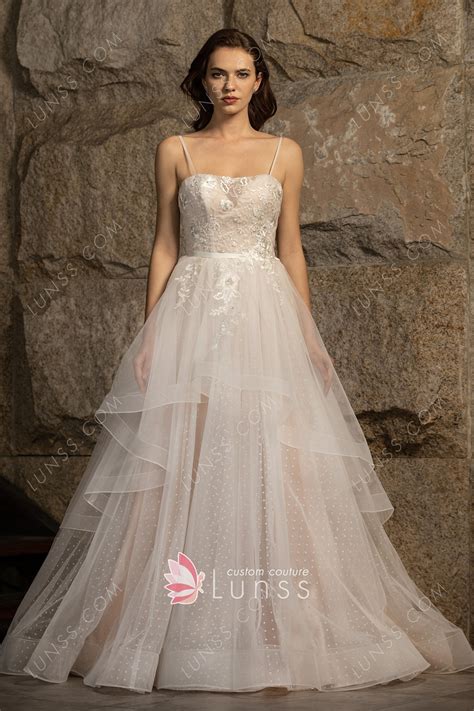 Cute Pink Nude Spaghetti Strap Dot Tulle Bridal Ball Gown Lunss