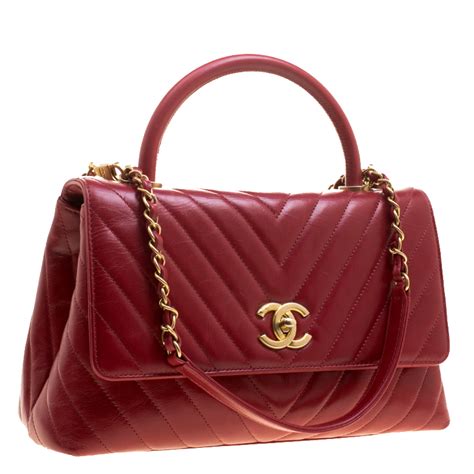 Chanel Red Chevron Quilted Leather Small Coco Top Handle Bag Chanel TLC