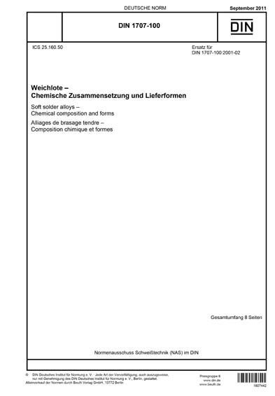 DIN 1707-100:2011 DE - Weichlote - Chemische Zusammensetzung und ...