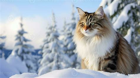 norwegian forest cat exploring  snowy landscape  thick fur