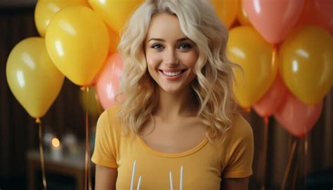 Eine lächelnde blonde Frau hält einen Luftballon in der Hand und feiert Geburtstag mit Freude