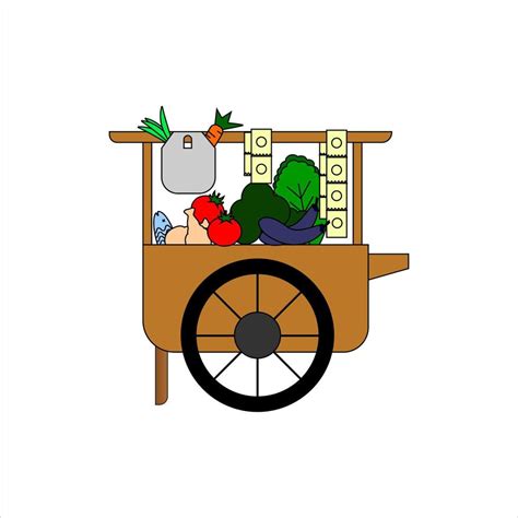 Flat vegetable cart vector icon illustration. A wooden vegetable cart ...