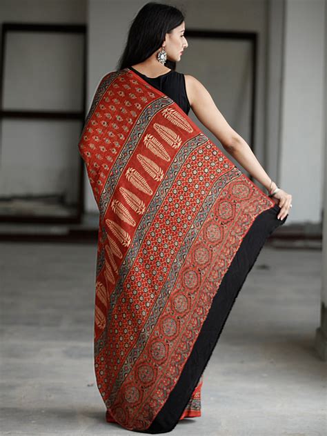 Ajrakh Hand Block Printed Modal Silk Saree At Indubindu