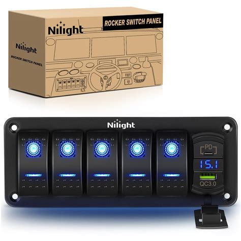 Nilight 5 Gang Rocker Switch Panel Blue Backlit With PD Type C And USB