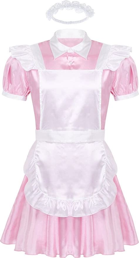 Oyolan Sissy Men Satin French Maid Dress Pajamas Clothes Crossdressing Lingerie Nightwear