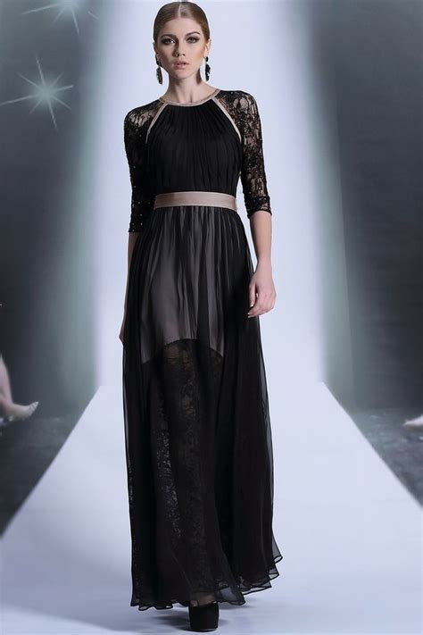 Black Lace Chiffon A Line Sleeve Prom Dresses Floor Length