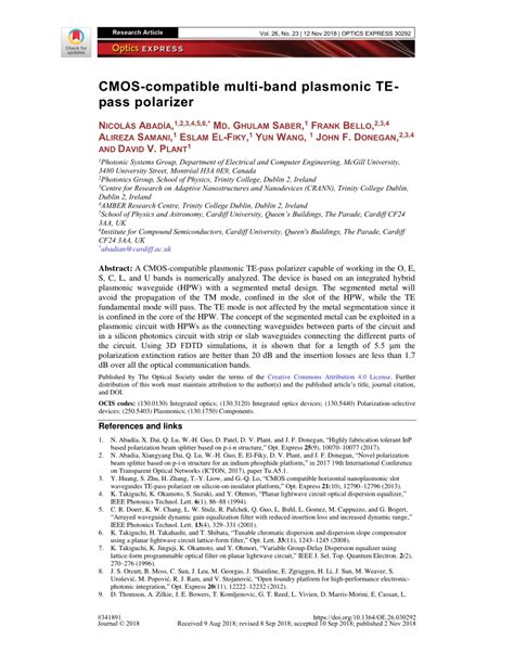 PDF CMOS Compatible Multi Band Plasmonic TE Pass Polarizer