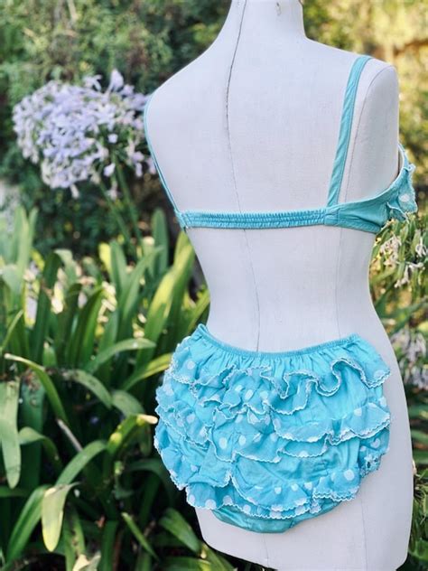 S Vintage Blue Polka Dot Bikini Gem