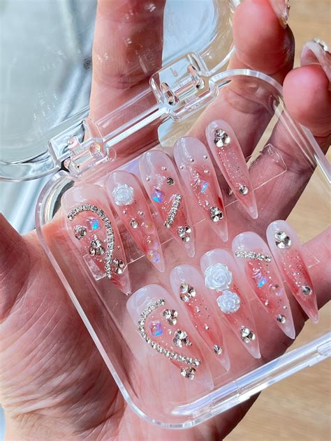 Glitter Nude Press On Nails D Camellia Shining Rhinestone Nails With Exquisite Design Glossy