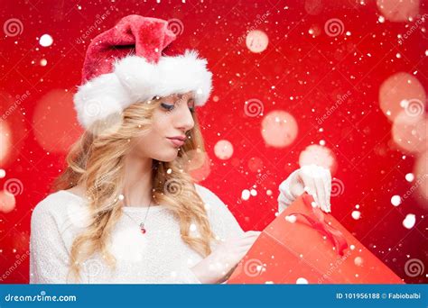 Blonde Model Girl In Santa Hat Over Red Stock Photo Image Of Sales Beauty