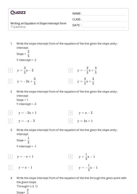 Slope Intercept Form Worksheets For St Year On Quizizz Free