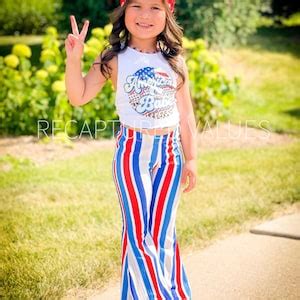 Groovy Retro Hippie American Babe Halter Crop Top With Stripe Flared Bell Bottoms For Baby And