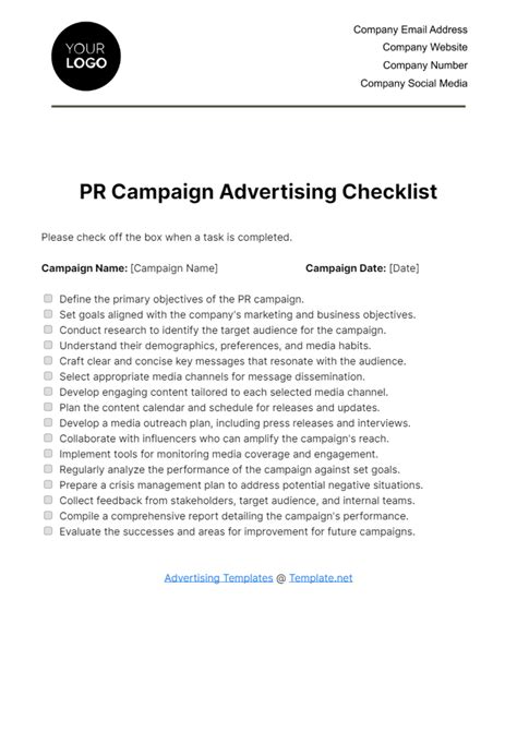 Free PR Campaign Advertising Checklist Template to Edit Online