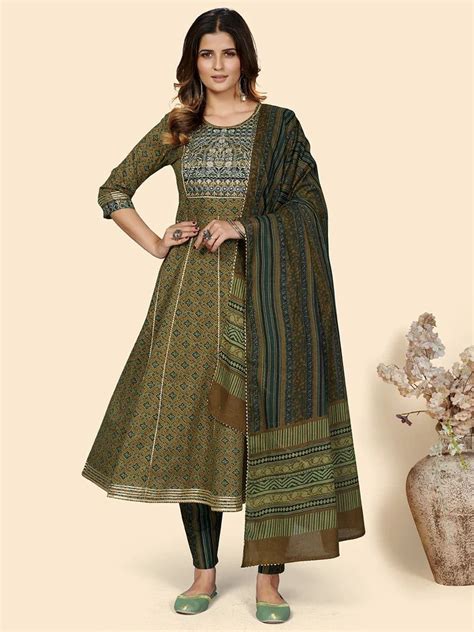 Womens Mehndi Green Embroidered Anarkali Kurta And Pant With Dupatta