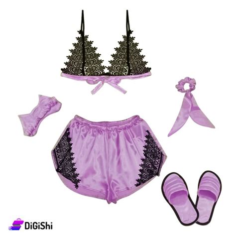 Shop Satin And Lace Lingerie Set Light Violet Digishi
