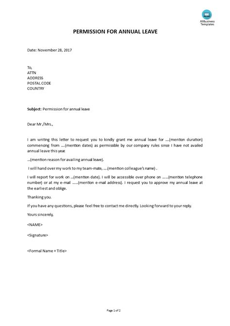 annual leave letter sample templates  allbusinesstemplatescom