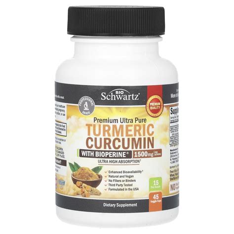 Bioschwartz Premium Ultra Pure Turmeric Curcumin With Bioperine 1 500 Mg 45 Veggie Caps 500