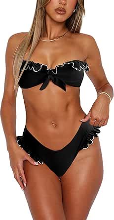 Amazon Hyperfire Women S Bandeau Bikini Set Ruffle Strapless Two Piece Swimsuit Tie Back