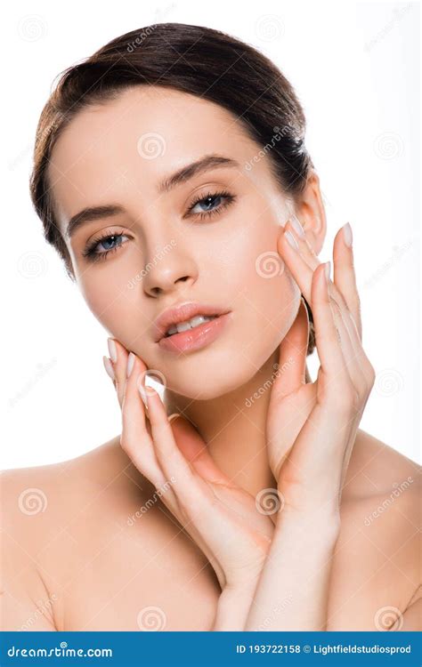 Nackte Brunette Frau Das Gesicht Isoliert Auf Weiß Berührt Stockfoto Bild von kaukasisch