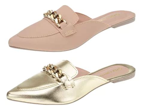 Kit Pares Mule Corrente Gata Chica Nude Dourado Parcelamento Sem Juros