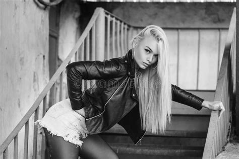 Portrait Of A Beautiful Blonde In A Leather Jacket Stock Photo Image Of Fashion Person 113016264