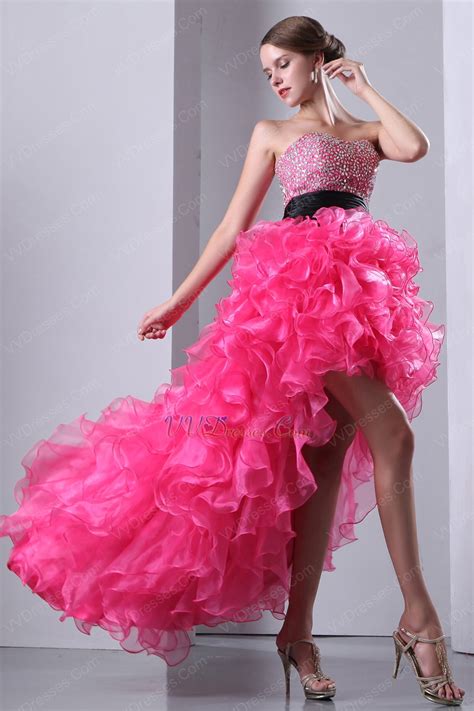 Crystals High Low Ruffles Skirt Hot Pink Cocktail Party Dress