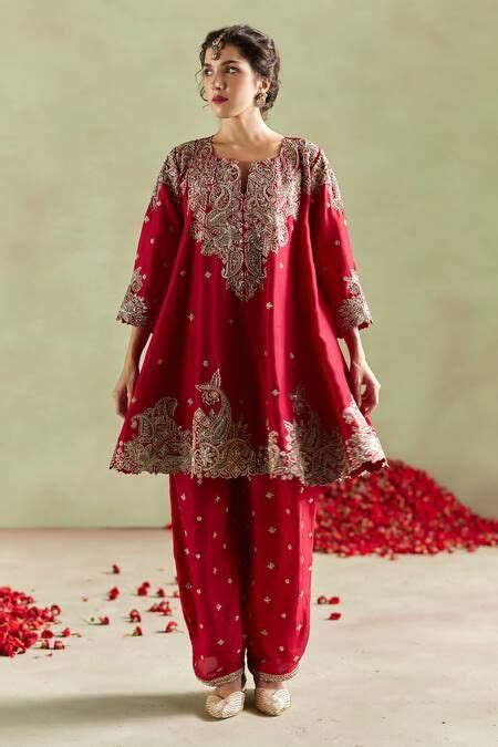 Buy Red Anarkali And Salwar Pure Silk Hand Embroidered Zardozi Work