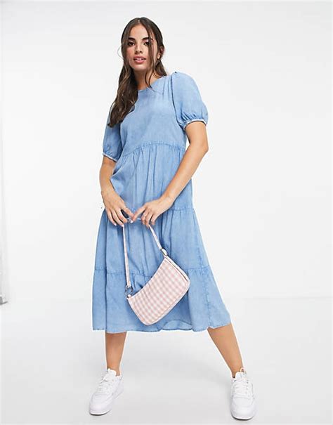 Influence Tiered Midi Dress In Chambray Asos