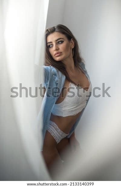 Attractive Sexy Brunette White Lingerie Denim Stock Photo Shutterstock