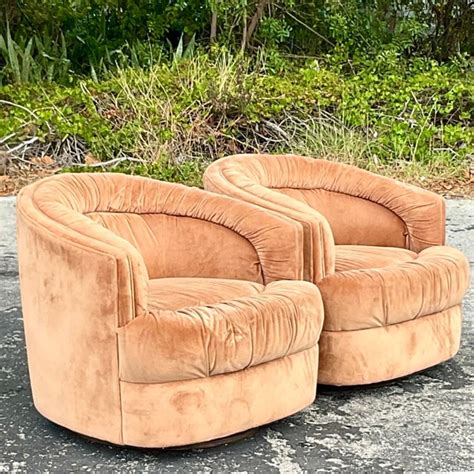 Vintage Boho Channel Tufted Swivel Chairs After Thayer Coggin A Pair