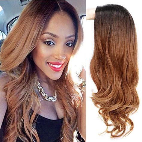 Aisi Queens Ombre Wig For Women Long Brown Curly Synthetic Party Wigs Middle Part Wavy Wigs Heat