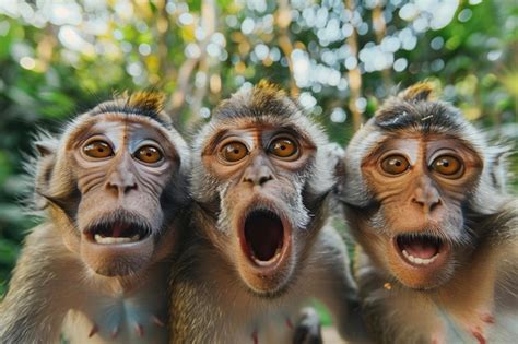 Premium Photo Three Amusing Monkeys Making Funny Faces At The Camera