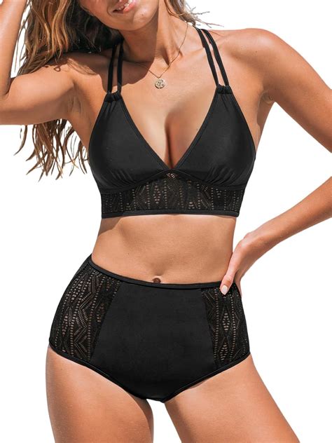 Amazon Cupshe Women S Bikini Sets Two Piece Swimsuit High Waisted Bottom V Neck Mesh Retro