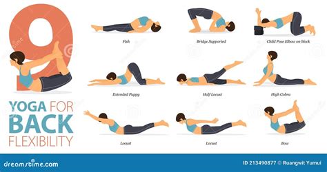 9 Yoga Poses for Workout in Concept of Back Flexibility in Flat Design ...