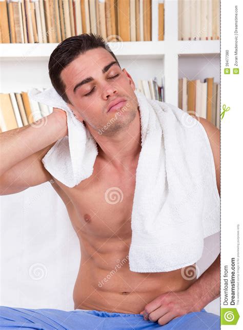 Relaxed Man Drying Hair With White Towel Stock Photo Image Of Athlete Naked