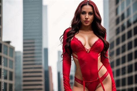 Sexy Woman In Red Lingerie Posing For A Photo Generative AI Stock