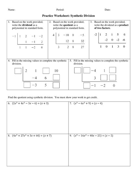 Practice Worksheet Synthetic Division Answers