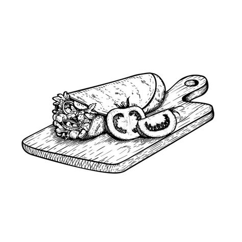 Hand Drawn Sketch Style Burrito On The Cutting Wooden Board With