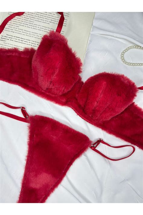 ROZENİN LINGERIE Sevgililer Günü Özel Kırmızı Yumuşak Dokulu Peluş Iç Çamaşır Takımı Fiyatı