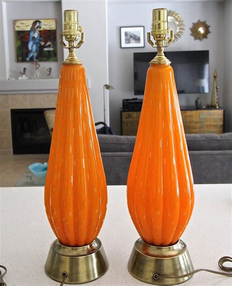 Pair Murano Orange And Controlled Bubbles Glass Table Lamp For Sale At 1stdibs