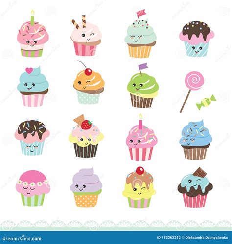 Cute Cupcakes Set Isolated On White Stock Illustration Illustration