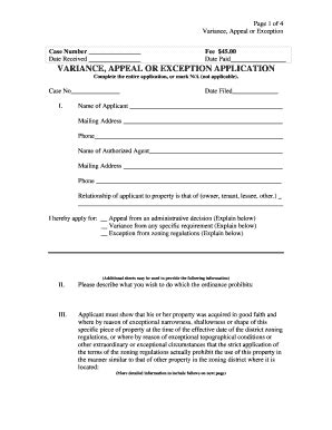 Fillable Online Page Of Variance Appeal Or Exception Date Received