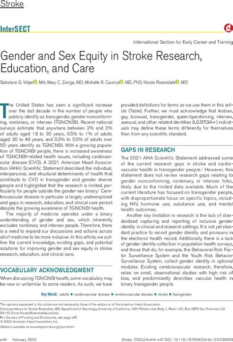 Gender And Sex Equity In Stroke Research Education And Care Stroke
