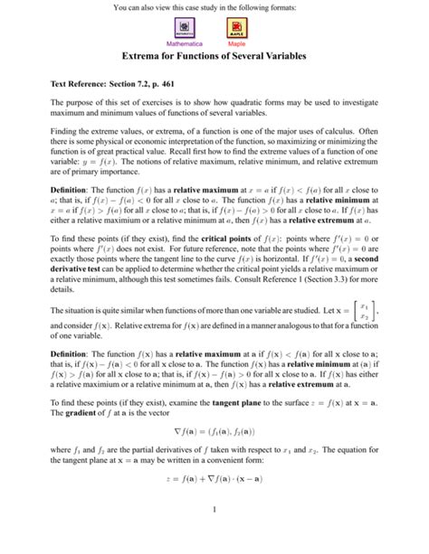 Extrema For Functions Of Several Variables