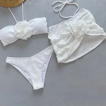 New Three Pieces Sexy Crochet Mesh Bikini Sets Swimsuit For Women D Flowers Swimwear Female