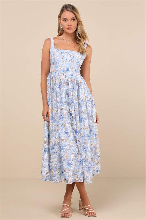 Light Blue Floral Dress Basque Waist Dress Bustier Midi Dress Lulus