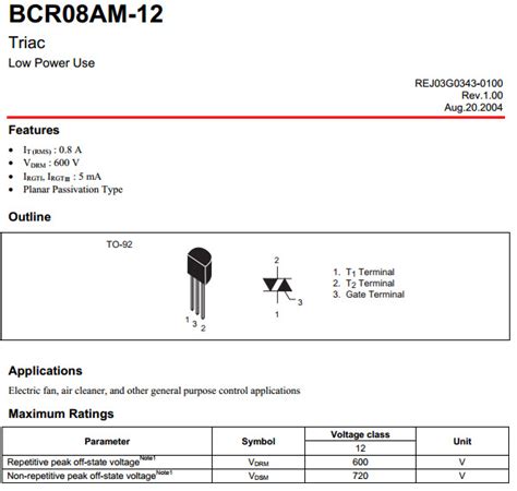 BCR08A TO-92 TRIAC 0.8A 600V
