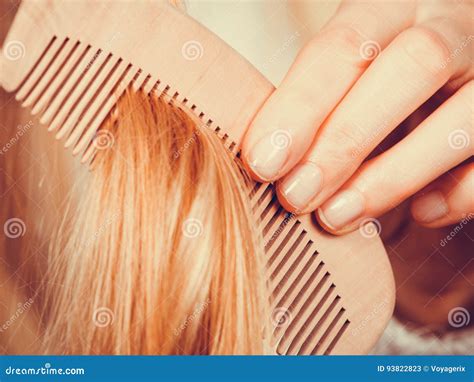 Blonde Woman Brushing Her Hair With Comb Stock Image Image Of Hair Haircare 93822823